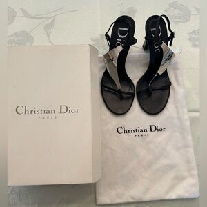 Christian Dior Black Leather Sandals with Silver Logo Plate – Size 37